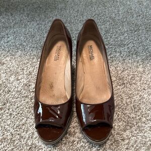 Michael Kors Brown Patent Peep Toe Wedges